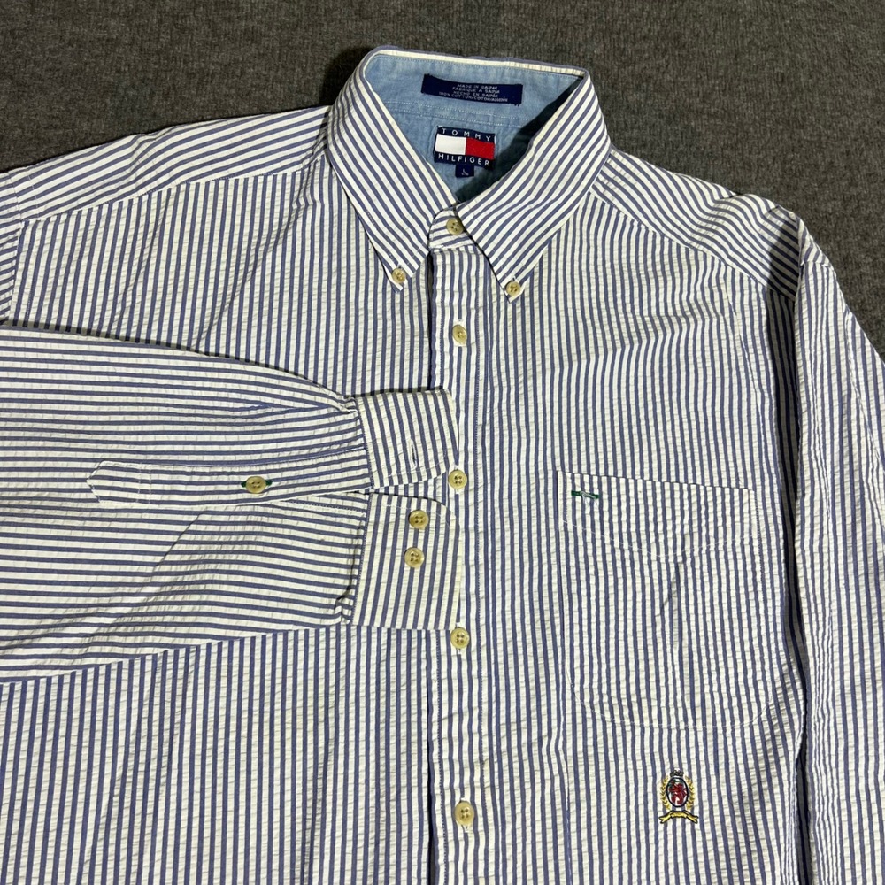 Tommy Hilfiger Mens Large Blue White Seersucker Striped Button Down Shirt Crest